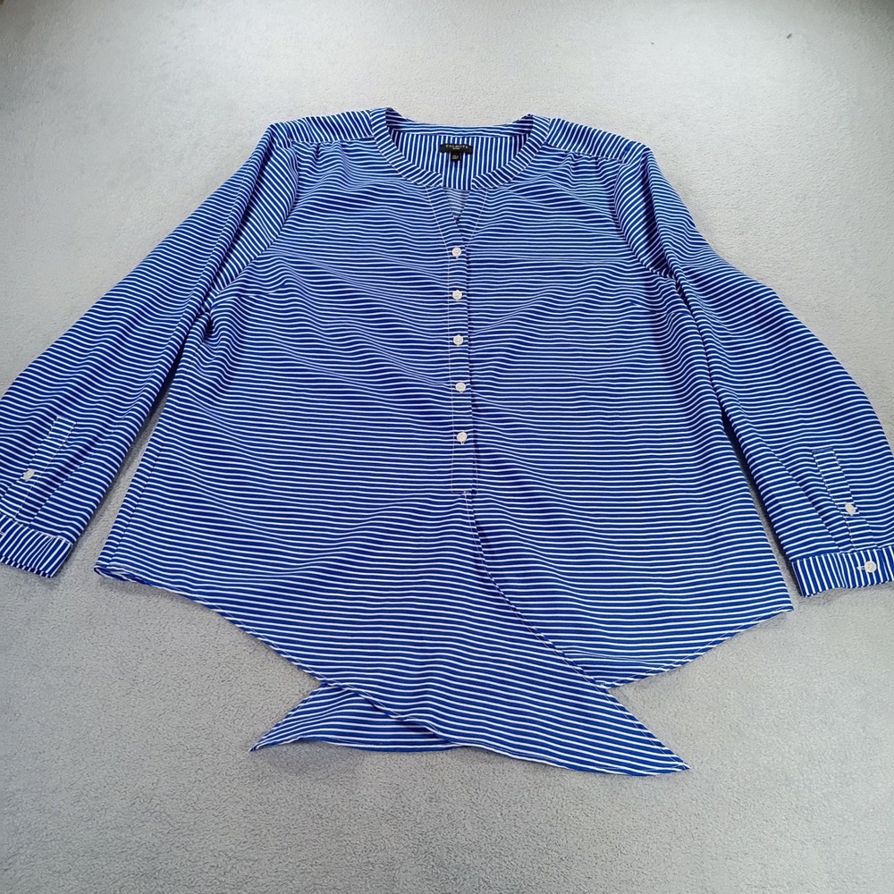 Talbots Womens Petites Striped Button Front Blouse Blue XL P Tulip Hem
